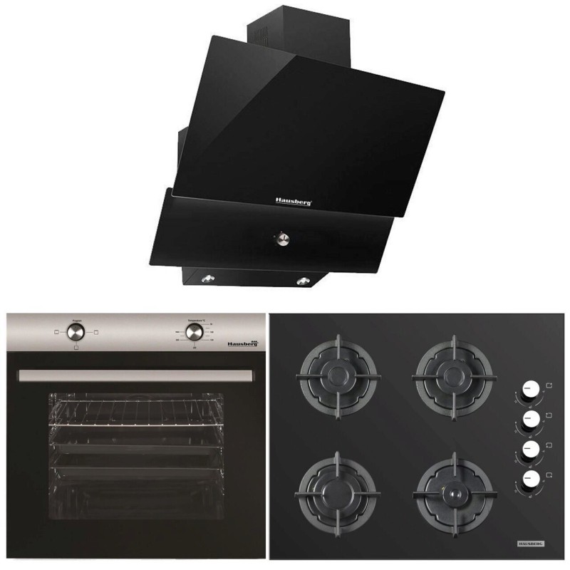 Pachete incorporabile HAUSBERG cuptor HB-8051IN, Electric, 2000 W, 76 l, 4 Functii, Clasa A, Plita HB-567NG, Gaz, 4 arzatoare, siguranta GAZ, fonta, Sticla, Hota decorativa HB-2285NG, 60 cm, Filtru aluminiu, Negru/Inox