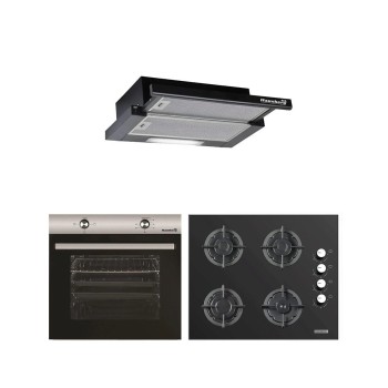 Pachet incorporabil Hausberg cuptor HB-8051IN, electric, 2000 W, 76 l, 4 functii, plita HB-567NG, aprindere electrica, gaz, 4 arzatoare, sistem de siguranta, din fonta, sticla, hota telescopica HB-1285NG, 420 m3/h, 2 motoare, 60 cm, Clasa A, Negru
