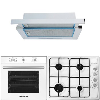 Pachet incorporabil Hausberg HB-8053AB, Electric, Putere 2225 W, 71 l, 6 Functii, Ventilatie, Timer, Clasa A, Plita incorporabila HB-561, Gaz, 4 arzatoare, Hota telescopica HB-1280, Putere de absorbtie 280m3/h, 1 motor, 60 cm, Alb