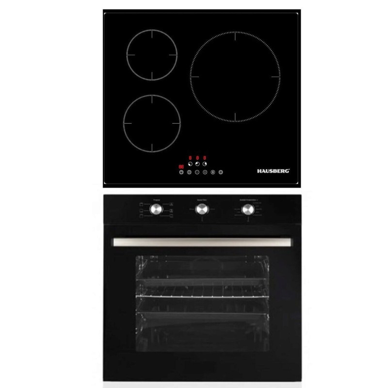 Pachet incorporabil Cuptor Hausberg HB-8053NG, Electric, Putere 2225 W, 71 l, 6 Functii, Ventilatie, Timer, Clasa A,  Plita incorporabila Hausberg HB1530, Electrica, Inductie, 3 zone de gatit, PowerBoost, 60 cm, Negru