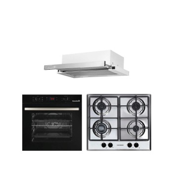 Pachet incorporabil HAUSBERG Cuptor electric HB-8054NG, Capacitate 71L, 2225W, 7 functii, convectie, plita gaz HB-555, 4 arzatoare, hota telescopic HB-1285IN, 420 m3/h absorbtie, 2 motoare, Negru-Inox