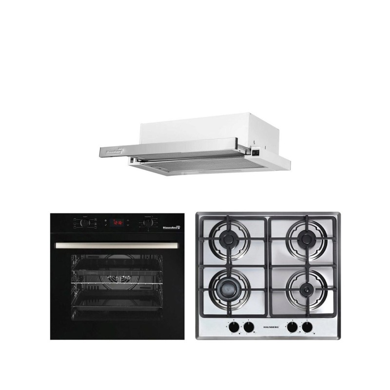 Pachet incorporabil HAUSBERG Cuptor electric HB-8054NG, Capacitate 71L, 2225W, 7 functii, convectie, plita gaz HB-555, 4 arzatoare, hota telescopic HB-1285IN, 420 m3/h absorbtie, 2 motoare, Negru-Inox