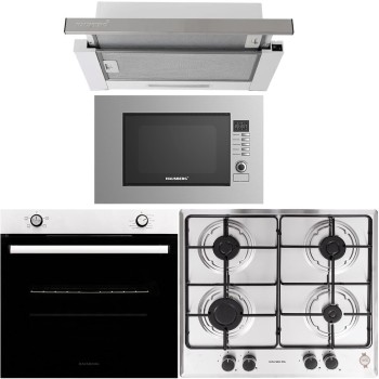 Pachet incorporabil HAUSBERG cuptor electric HB-8051IN, 2000W, 4 Functii, 76L, plita gaz HB-555, 4 arzatoare, aprindere electrica, hota telescopic HB-1285IN, absorbtie 420 m3/h, 2 motoare, 60cm, cuptor microunde HB-8065IN, 1200W, 20L, Inox