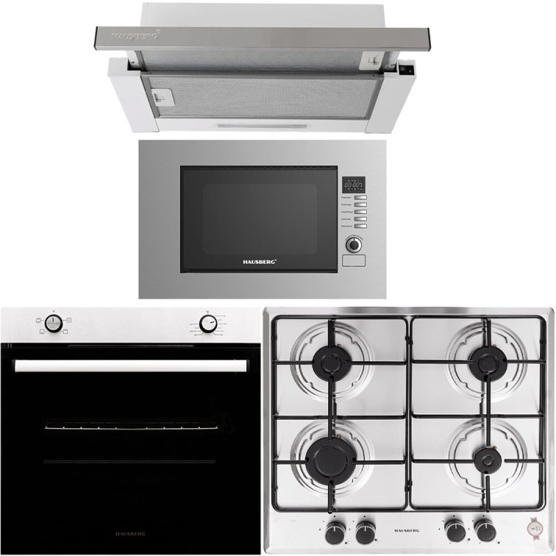 Pachet incorporabil HAUSBERG cuptor electric HB-8051IN, 2000W, 4 Functii, 76L, plita gaz HB-555, 4 arzatoare, aprindere electrica, hota telescopic HB-1285IN, absorbtie 420 m3/h, 2 motoare, 60cm, cuptor microunde HB-8065IN, 1200W, 20L, Inox