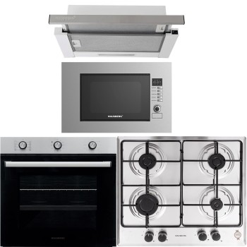 Pachet incorporabil HAUSBERG cuptor electric HB-8053IN, 2225W, 6 Functii, 71L, plita gaz HB-555, 4 arzatoare, aprindere electrica, hota telescopic HB-1285IN, absorbtie 420 m3/h, 2 motoare, 60cm, cuptor microunde HB-8065IN, 1200W, 20L, Inox