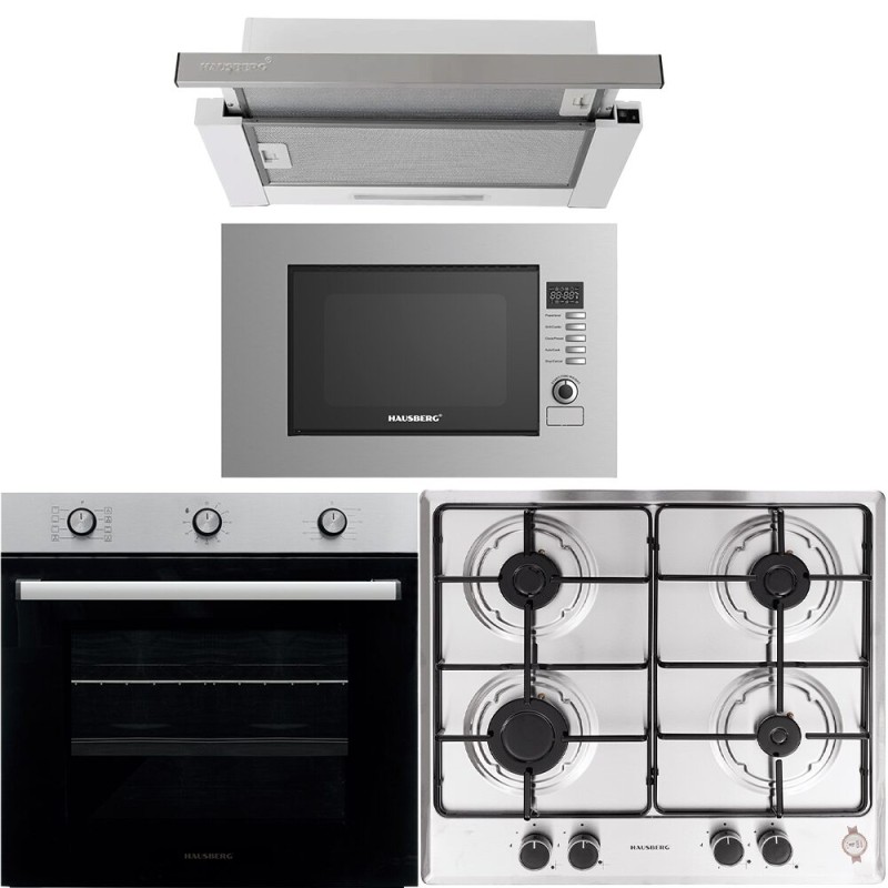 Pachet incorporabil HAUSBERG cuptor electric HB-8053IN, 2225W, 6 Functii, 71L, plita gaz HB-555, 4 arzatoare, aprindere electrica, hota telescopic HB-1285IN, absorbtie 420 m3/h, 2 motoare, 60cm, cuptor microunde HB-8065IN, 1200W, 20L, Inox