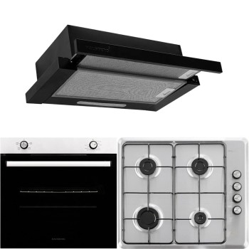 Pachet Cuptor incorporabil Hausberg HB-8051IN, Electric, Putere 2000 W, 76 l, 4 Functii, Clasa A, Plita HB-580IN, aprindere electrica, gaz, 4 arzatoare, sistem siguranta, Hota telescopica HB-1285NG, absorbtie 420 m3/h, 2 motoare, 60 cm, Negru-Inox