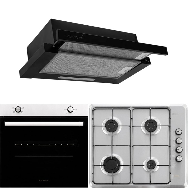 Pachet Cuptor incorporabil Hausberg HB-8051IN, Electric, Putere 2000 W, 76 l, 4 Functii, Clasa A, Plita HB-580IN, aprindere electrica, gaz, 4 arzatoare, sistem siguranta, Hota telescopica HB-1285NG, absorbtie 420 m3/h, 2 motoare, 60 cm, Negru-Inox