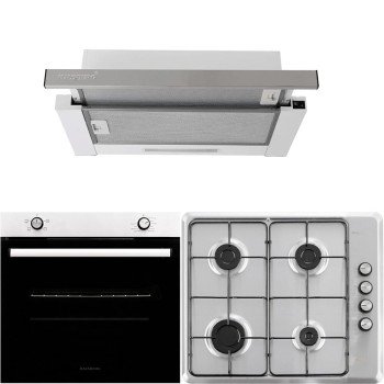 Pachet Cuptor incorporabil Hausberg HB-8051IN, Electric, Putere 2000 W, 76 l, 4 Functii, Clasa A, Plita HB-580IN, aprindere electrica, gaz, 4 arzatoare, sistem siguranta, Hota telescopica HB-1285IN, absorbtie 420 m3/h, 2 motoare, 60 cm, Negru-Inox