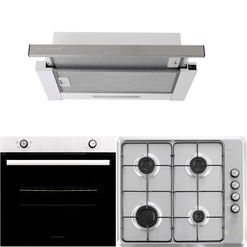 Pachet Cuptor incorporabil Hausberg HB-8051IN, Electric, Putere 2000 W, 76 l, 4 Functii, Clasa A, Plita HB-580IN, aprindere electrica, gaz, 4 arzatoare, sistem siguranta, Hota telescopica HB-1285IN, absorbtie 420 m3/h, 2 motoare, 60 cm, Negru-Inox