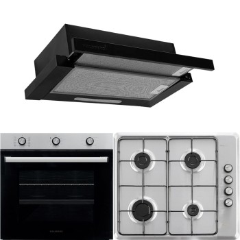 Pachet incorporabil Hausberg Cuptor HB-8053IN, Electric, Putere 2225 W, 71 l, 6 Functii, Ventilatie, Timer, Clasa A, Plita HB-580IN, aprindere electrica, gaz, 4 arzatoare, siguranta, Negru-Inox Hota HB-1285NG, 420 m3/h, 2 motoare, 60 cm, Negru-Inox
