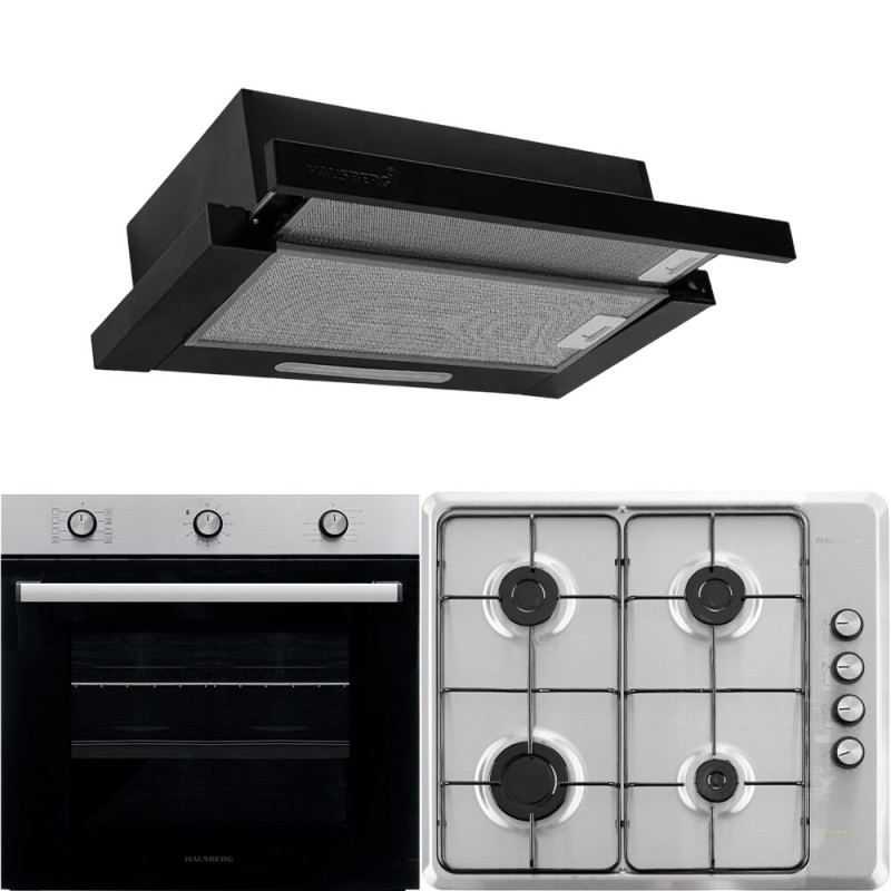 Pachet incorporabil Hausberg Cuptor HB-8053IN, Electric, Putere 2225 W, 71 l, 6 Functii, Ventilatie, Timer, Clasa A, Plita HB-580IN, aprindere electrica, gaz, 4 arzatoare, siguranta, Negru-Inox Hota HB-1285NG, 420 m3/h, 2 motoare, 60 cm, Negru-Inox