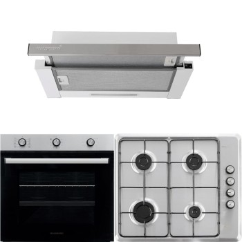 Pachet incorporabil Hausberg Cuptor HB-8053IN, Electric, Putere 2225 W, 71 l, 6 Functii, Ventilatie, Timer, Clasa A, Plita HB-580IN, aprindere electrica, gaz, 4 arzatoare, siguranta, Negru-Inox Hota HB-1285IN, 420 m3/h, 2 motoare, 60 cm, Negru-Inox