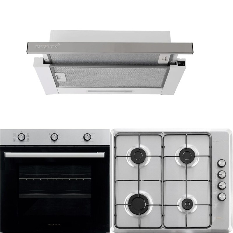 Pachet incorporabil Hausberg Cuptor HB-8053IN, Electric, Putere 2225 W, 71 l, 6 Functii, Ventilatie, Timer, Clasa A, Plita HB-580IN, aprindere electrica, gaz, 4 arzatoare, siguranta, Negru-Inox Hota HB-1285IN, 420 m3/h, 2 motoare, 60 cm, Negru-Inox