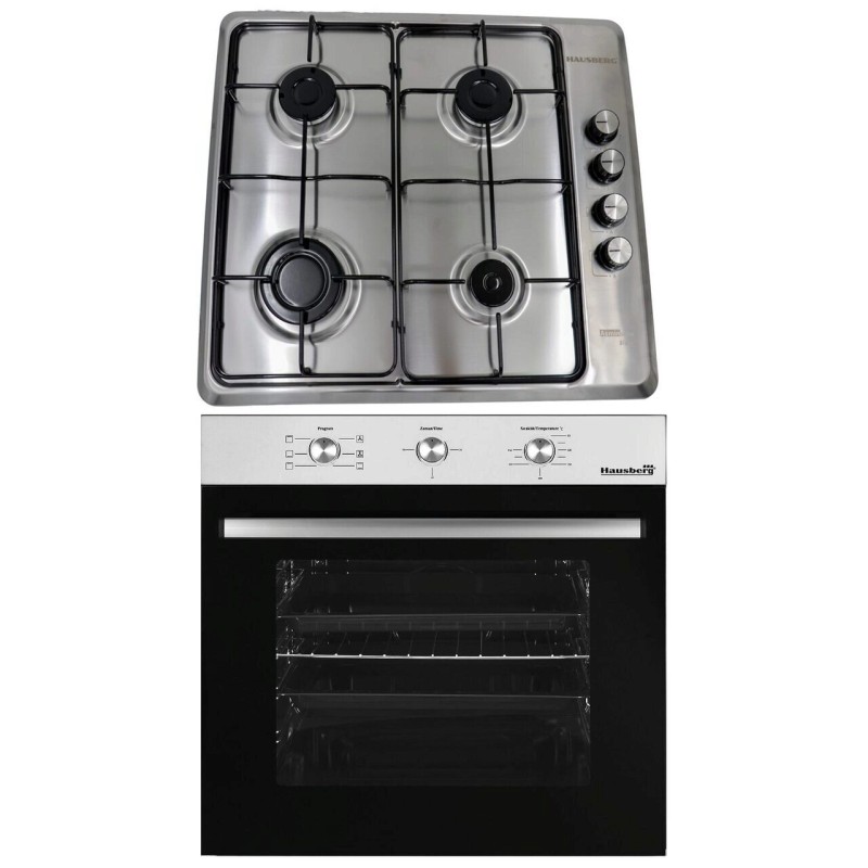 Pachet incorporabil Hausberg Cuptor HB-8053IN, Electric, Putere 2225 W, 71 l, 6 Functii, Ventilatie, Timer, Clasa A, Plita incorporabila HAUSBERG HB-580IN, aprindere electrica, gaz, 4 arzatoare, sistem siguranta, Negru-Inox