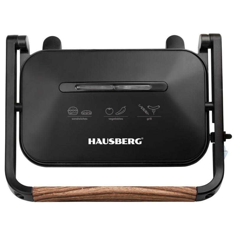 Sandwich-maker Grill HAUSBERG HB-632, 1100-1300 W, Panini, Placi nonaderente, Maner rece, Negru