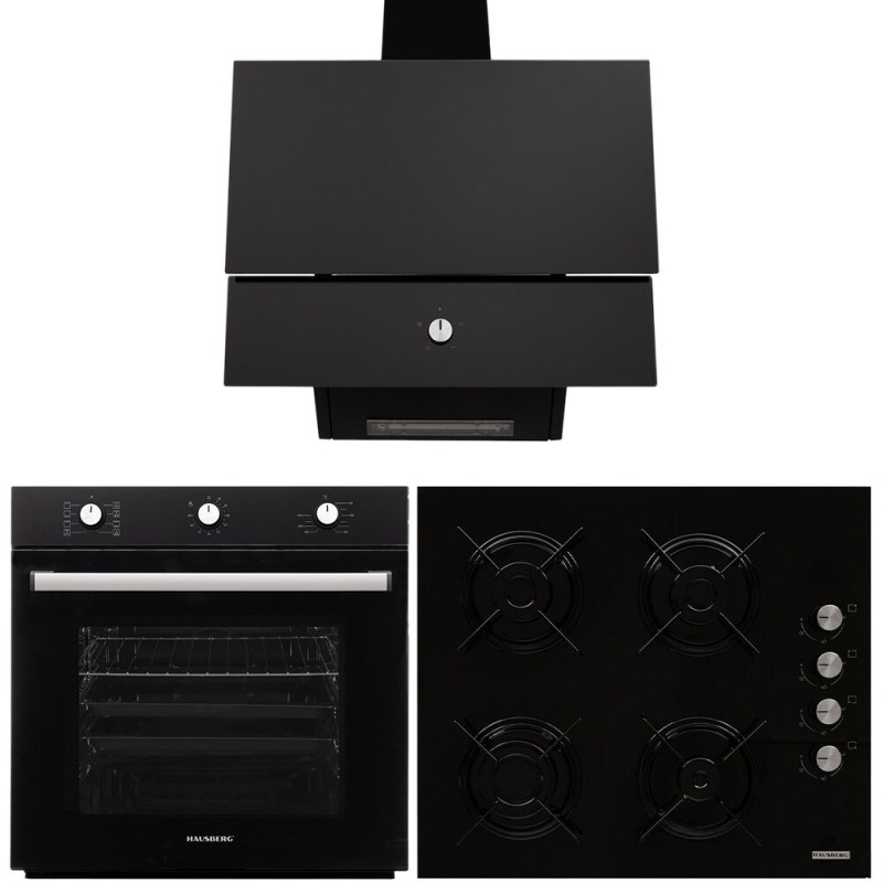 Pachet incorporabil Hausberg Cuptor HB-8053NG, Electric, Putere 2225 W, 71 l, 6 Functii, Ventilatie, Timer, Plita HB-563NG, 4 arzatoare gaz, Hota decorative HB-2285NG, 163W, Filtru aluminiu, 650 m3/h, 60cm, Negru