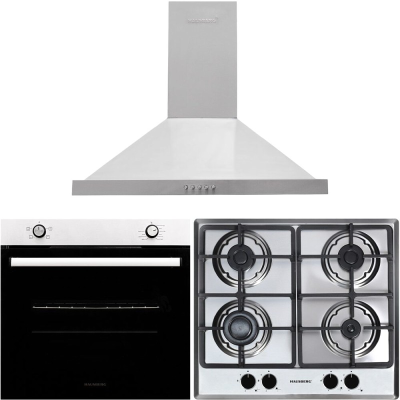 Pachet incorporabil Hausberg Cuptor HB-8051IN, Electric, Putere 2000 W, 76 l, 4 Functii, Plita incorporabila HB-556IN, Gaz, 4 arzatoare, Sistem siguranta GAZ, Gratar din fonta, Hota decorativa HB-1260, absorbtie 450 m3/h, 1 motor, 60 cm, Inox