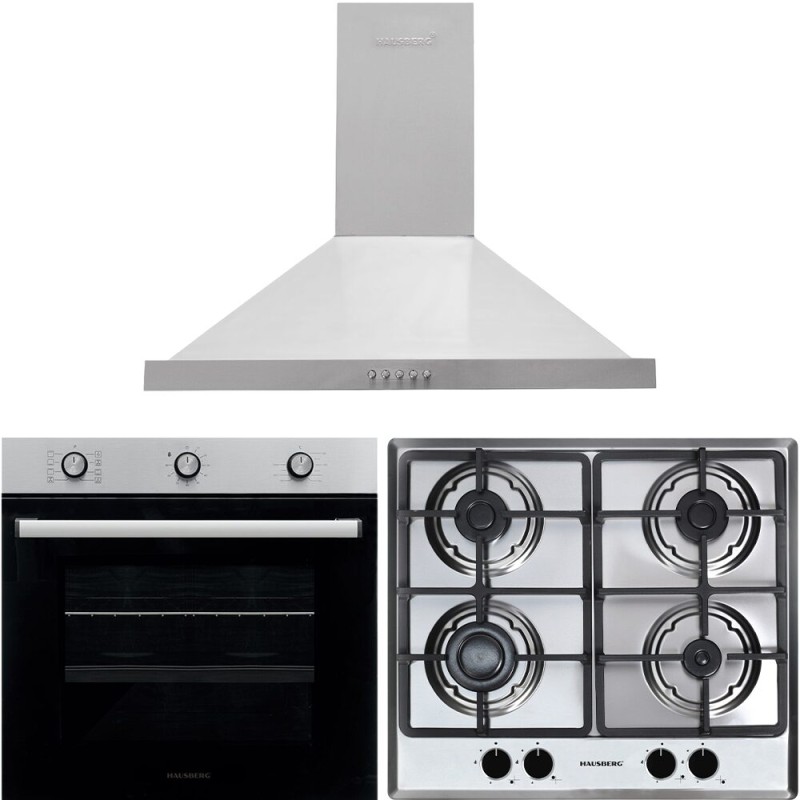 Pachet incorporabil Hausberg Cuptor HB-8053IN, Electric, Putere 2225 W, 71 l, 6 Functii, Ventilatie, Timer, Plita incorporabila HB-556IN, Gaz, 4 arzatoare, Sistem siguranta GAZ, fonta, Hota decorativa HB-1260, absorbtie 450 m3/h, 1 motor, 60 cm, Inox