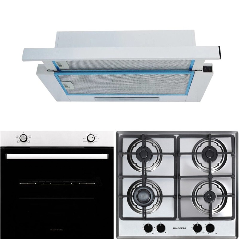 Pachet incorporabil Hausberg Cuptor HB-8051IN, Electric, Putere 2000 W, 76 l, 4 Functii, Plita incorporabila HB-556IN, Gaz, 4 arzatoare, Sistem siguranta GAZ, fonta, Hota telescopica HB-1280, absorbtie 280m3/h, 1 motor, 60 cm Inox-Alb