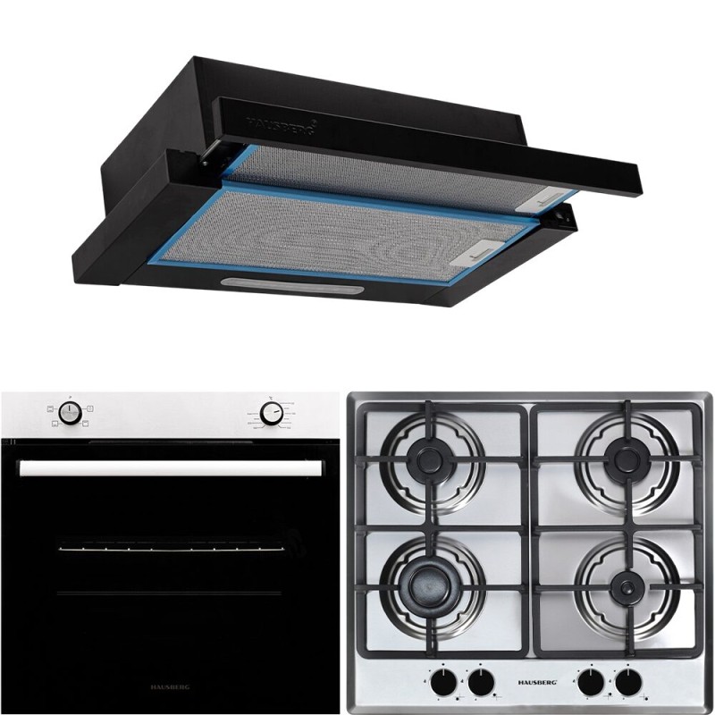 Pachet incorporabil HAUSBERG Cuptor HB-8051IN, Electric, Putere 2000 W, 76 l, 4 Functii, Plita incorporabila HB-556IN, Gaz, 4 arzatoare, Sistem siguranta GAZ, fonta, Inox, Hota telescopica HB-1285NG, absorbtie 420 m3/h, 2 motoare, 60 cm, Inox-Negru