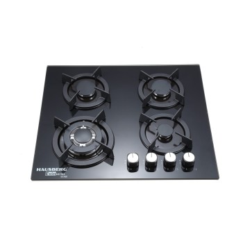 Plita incorporabila Hausberg HB-560NG, 3 arzatoare standard + 1 arzator WOK, aprindere electrica, suport din fonta, capac arzator fier, gaz, Negru