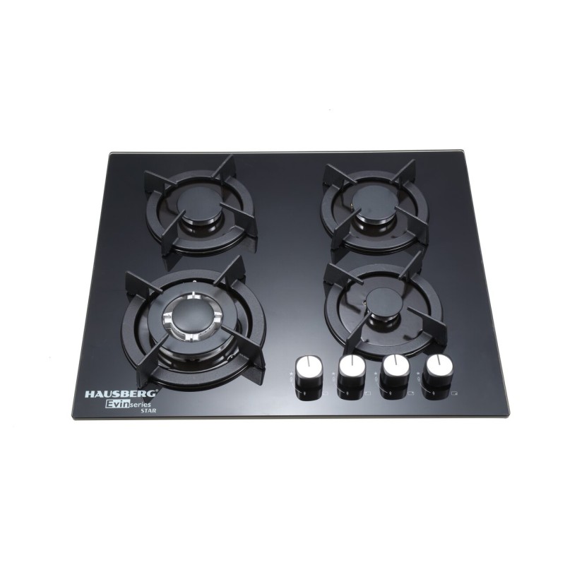 Plita incorporabila Hausberg HB-560NG, 3 arzatoare standard + 1 arzator WOK, aprindere electrica, suport din fonta, capac arzator fier, gaz, Negru