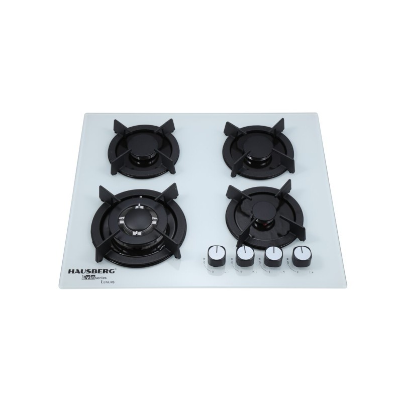 Plita incorporabila Hausberg HB-560AB, 3 arzatoare standard + 1 arzator WOK, aprindere electrica, suport din fonta, capac arzator fier, gaz, Alb