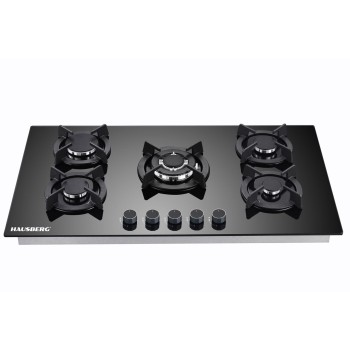 Plita incorporabila HAUSBERG HB-569NG, 4 arzatoare standard + 1 arzator WOK, gaz, suport din fonta, aprindere electrica, Negru