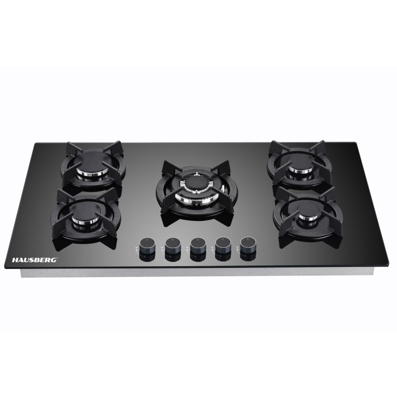 Plita incorporabila HAUSBERG HB-569NG, 4 arzatoare standard + 1 arzator WOK, gaz, suport din fonta, aprindere electrica, Negru