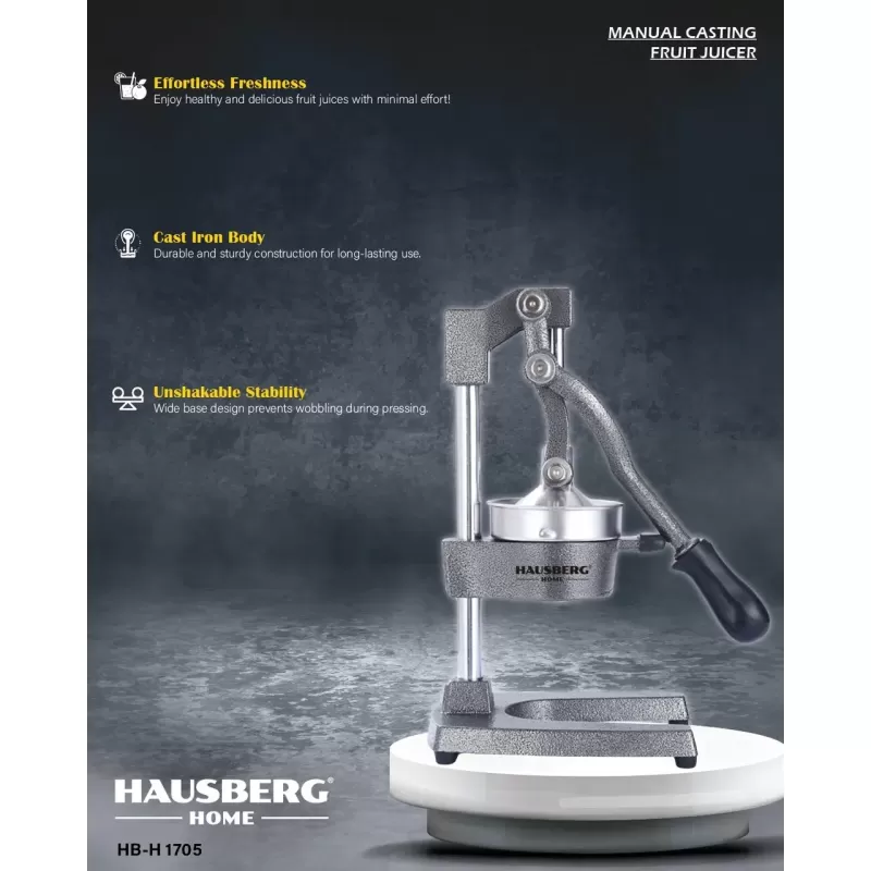 Storcator tip Presa Manuala de Citrice Hausberg HB-H1705, din fonta + otel inoxidabil 304, maner antiderapant
