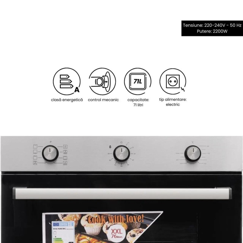 Pachet incorporabil Hausberg Cuptor HB-8053IN, Electric, Putere 2225 W, 71 l, 6 Functii, Ventilatie, Timer, Plita incorporabila HB-556IN, Gaz, 4 arzatoare, Sistem siguranta GAZ, fonta, Hota decorativa HB-1260, absorbtie 450 m3/h, 1 motor, 60 cm, Inox
