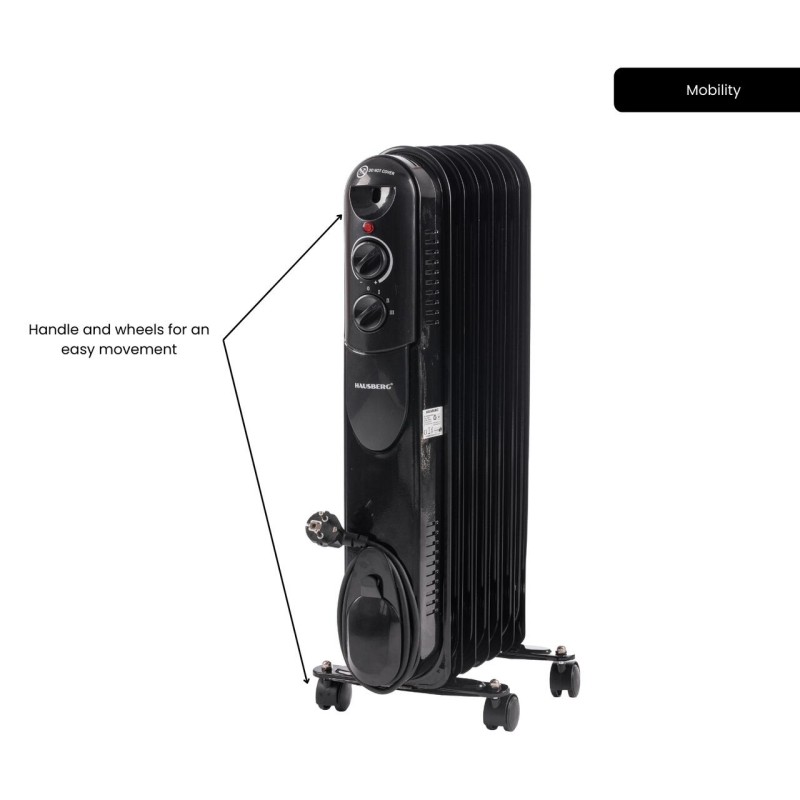 Calorifer electric cu ulei HAUSBERG HB-8905, 3 trepte, 600-900-1500 W, 7 elementi 110 mm x 580 mm, termostat reglabil, maner si rotite pentru o deplasare facila, indicator luminos functionare, negru