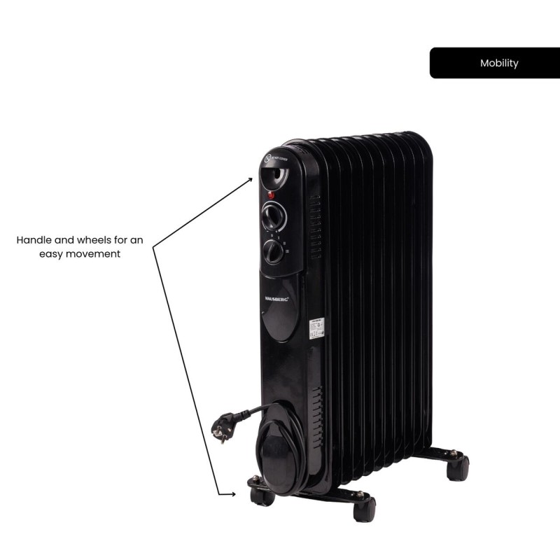 Calorifer electric cu ulei HAUSBERG HB-8925, 3 trepte, 1000-1500-2500 W, 11 elementi 110 mm x 580 mm, termostat reglabil, maner si rotite pentru o deplasare facila, indicator luminos functionare, negru