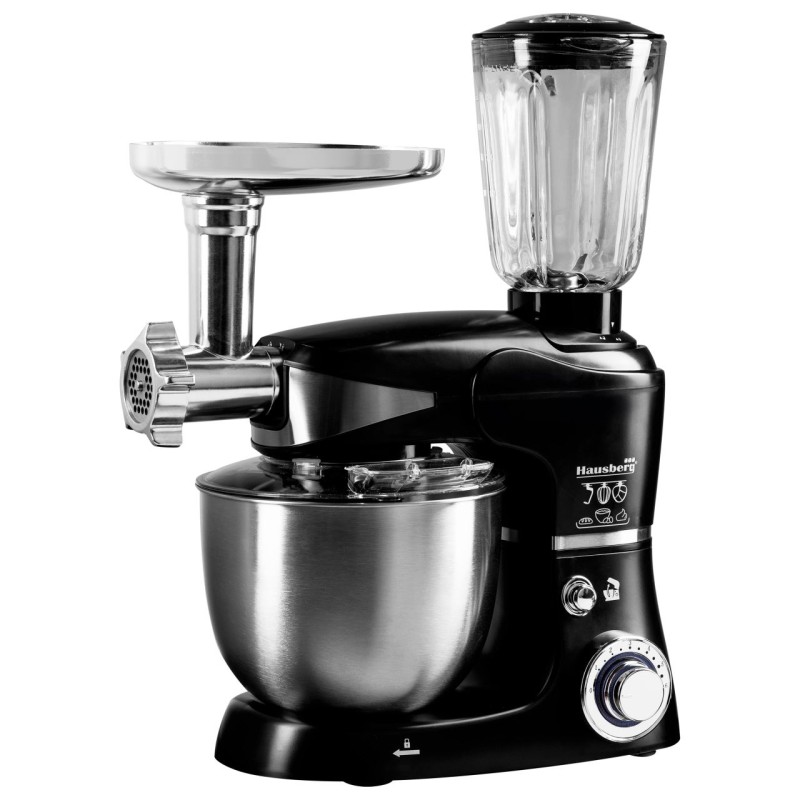 Robot de bucatarie multifunctional All-in-one Hausberg HB-7605, 1000 W, mixer/blender/tocat carne, Negru