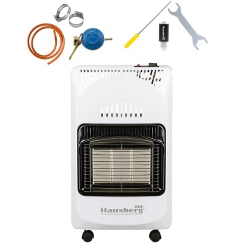 Pachet Soba pe gaz GPL (butelie) Hausberg HB-1010AB, aprindere piezo-electrica, 4.2kW, Alb, Ceas butelie, 1m furtun gaz MN2015 si 2 coliere furtun