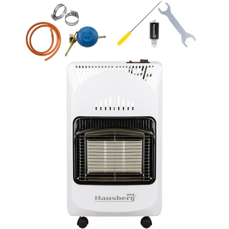 Pachet Soba pe gaz GPL (butelie) Hausberg HB-1010AB, aprindere piezo-electrica, 4.2kW, Alb, Ceas butelie, 1m furtun gaz MN2015 si 2 coliere furtun