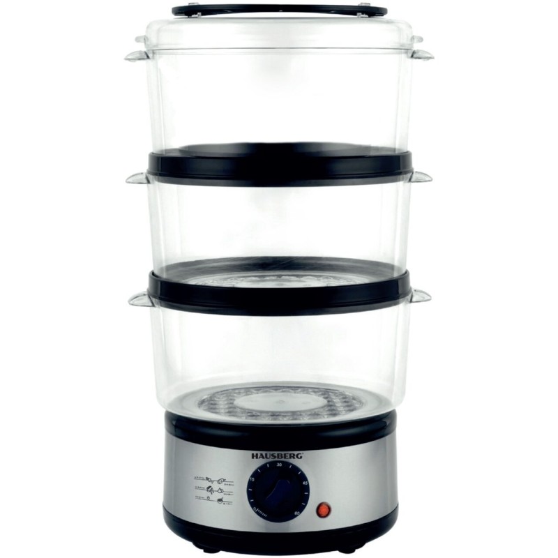 Aparat de gatit cu aburi Hausberg HB-1355, Putere 400 W, 7.2 L, 3 tavi demontabile, capacitate: 2.4 L /tava, Argintiu