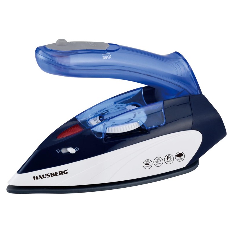 Mini fier de calcat Hausberg HB-7810BL, 1000 W, De voiaj, 75 ml, Ceramica, Auto curatarе, Alb-Albastru