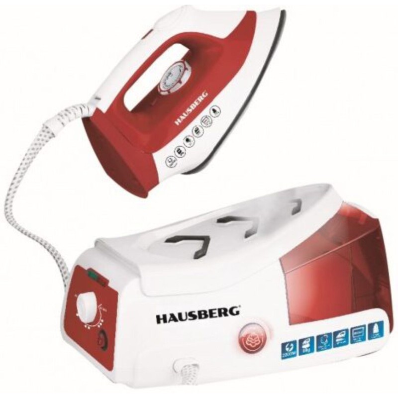 Statie de calcat HAUSBERG HB-7920RS, 2200W, 68g/min, 1000ml, anti-calcar, termostat, talpa ceramica, Rosu-Alb