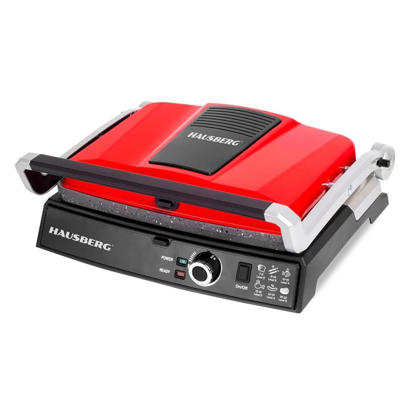 Grill electric Hausberg HB633RS, 2000-2200 W, placi antiaderente, suprafata de gatire 30x24.5 cm, termostat, Rosu
