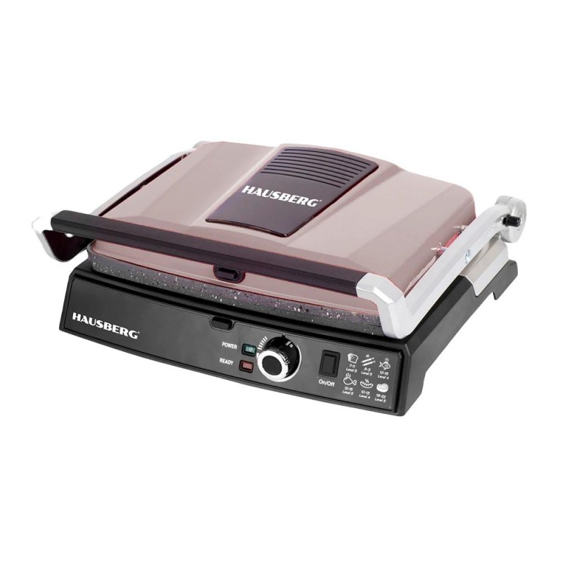 Grill electric Hausberg HB633GO, 2000-2200 W, placi antiaderente, suprafata de gatire 30x24.5 cm, termostat, Rose Gold