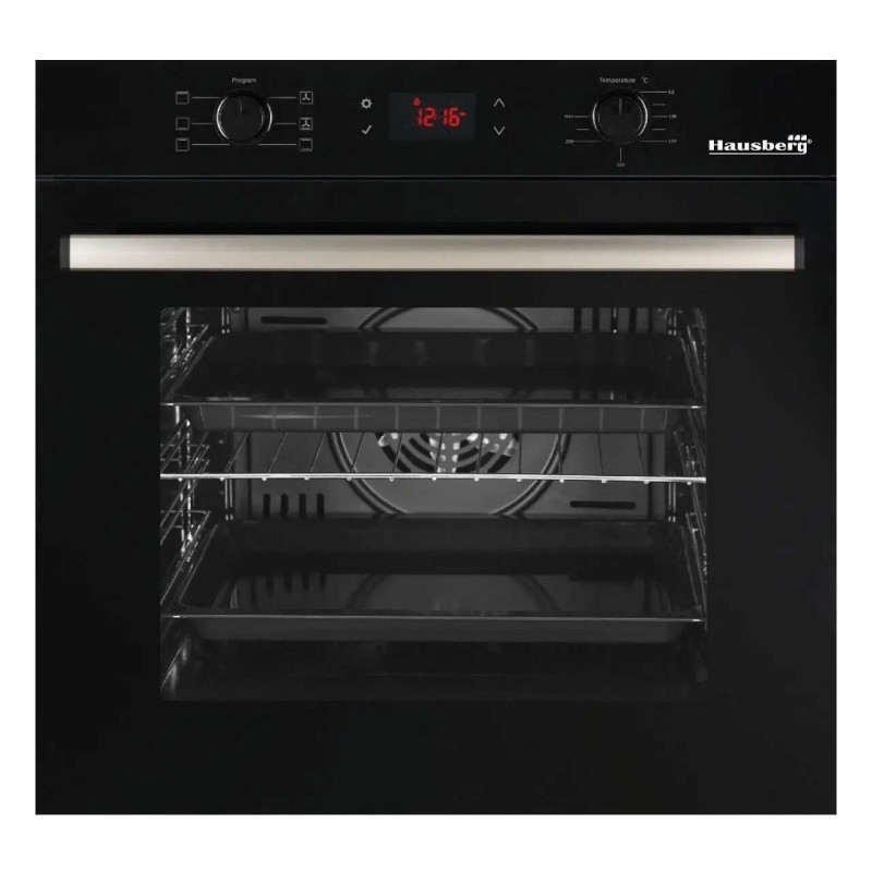 Pachet incorporabil HAUSBERG Cuptor electric HB-8054NG, Clasa A, 71L, 2225W, sticla, termostat, timer, 7 functii, ventilatie, Plita HB-567NG, Gaz, 4 arzatoare, siguranta, fonta, Hota decorativa HB-1385, 650 mc/h, 60 cm, Touch, Filtru aluminiu, Negru