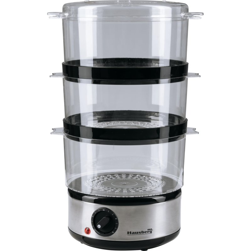 Aparat de gatit cu aburi Hausberg HB-1355, Putere 400 W, 7.2 L, 3 tavi demontabile, capacitate: 2.4 L /tava, Argintiu