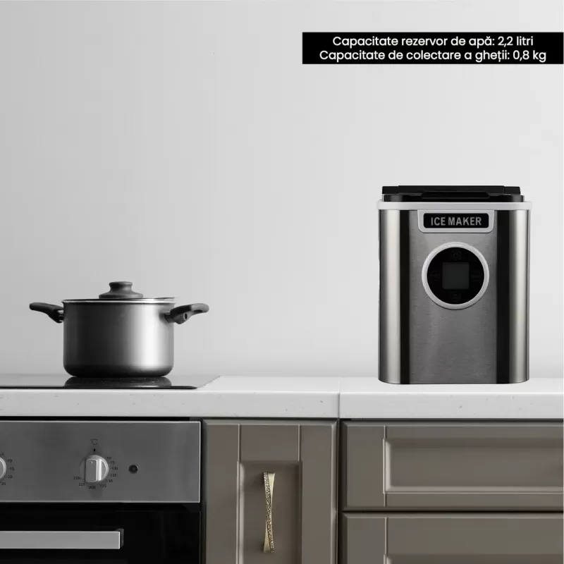 Aparat de preparat gheata HAUSBERG HB-6020, capacitate vas apa 2.2 litri, productie cuburi gheata 12 kg / 24 ore, capacitate de stocare 0.8 kg, posibilitate selectare dimensiune cuburi, argintiu