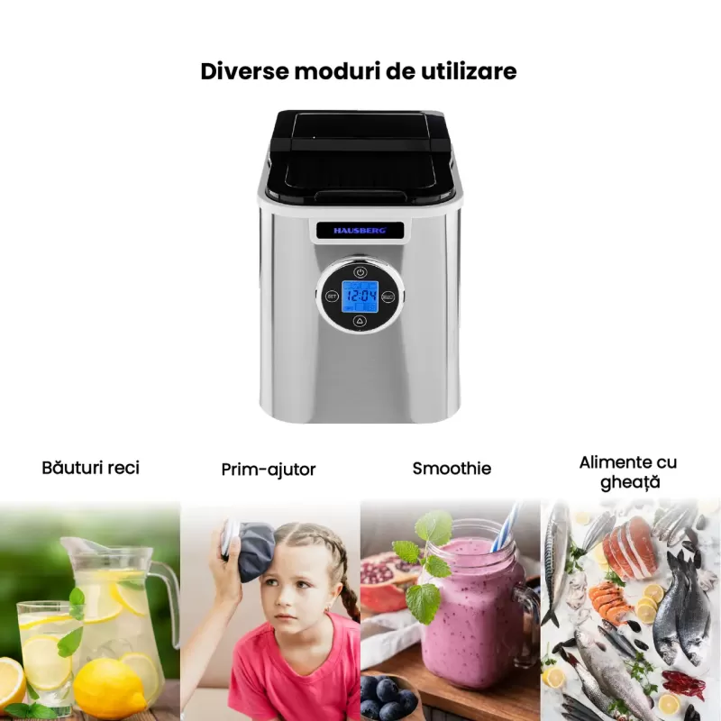 Aparat de preparat gheata HAUSBERG HB-6020, capacitate vas apa 2.2 litri, productie cuburi gheata 12 kg / 24 ore, capacitate de stocare 0.8 kg, posibilitate selectare dimensiune cuburi, argintiu