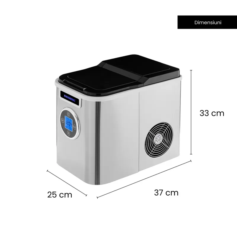 Aparat de preparat gheata HAUSBERG HB-6020, capacitate vas apa 2.2 litri, productie cuburi gheata 12 kg / 24 ore, capacitate de stocare 0.8 kg, posibilitate selectare dimensiune cuburi, argintiu
