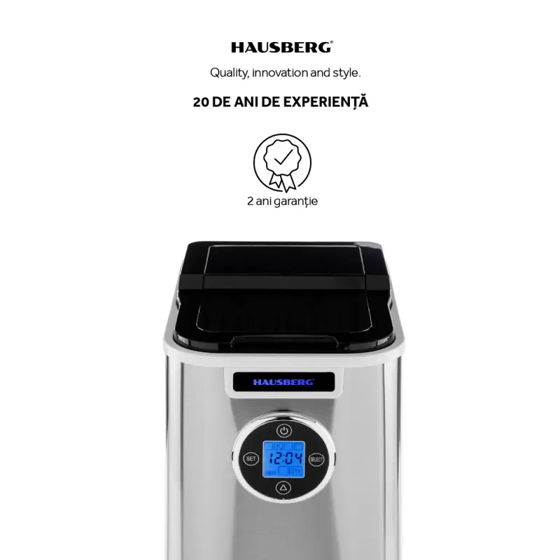 Aparat de preparat gheata HAUSBERG HB-6020, capacitate vas apa 2.2 litri, productie cuburi gheata 12 kg / 24 ore, capacitate de stocare 0.8 kg, posibilitate selectare dimensiune cuburi, argintiu