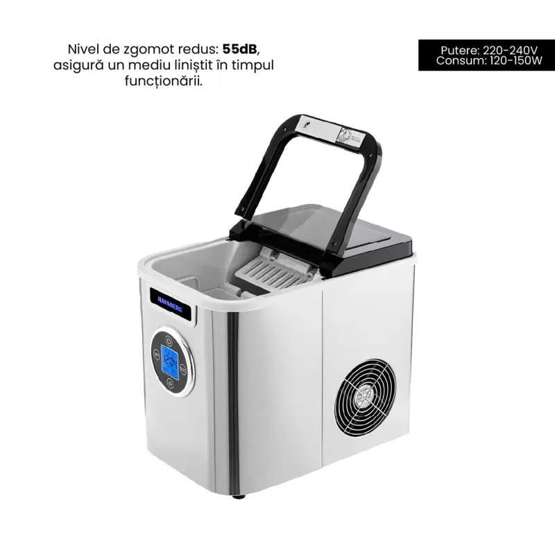 Aparat de preparat gheata HAUSBERG HB-6020, capacitate vas apa 2.2 litri, productie cuburi gheata 12 kg / 24 ore, capacitate de stocare 0.8 kg, posibilitate selectare dimensiune cuburi, argintiu