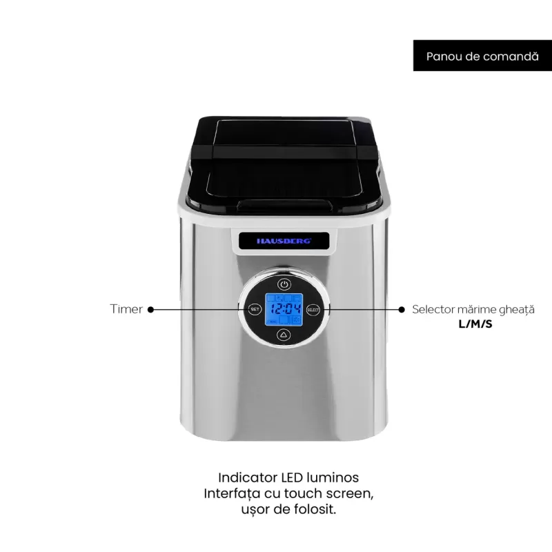 Aparat de preparat gheata HAUSBERG HB-6020, capacitate vas apa 2.2 litri, productie cuburi gheata 12 kg / 24 ore, capacitate de stocare 0.8 kg, posibilitate selectare dimensiune cuburi, argintiu